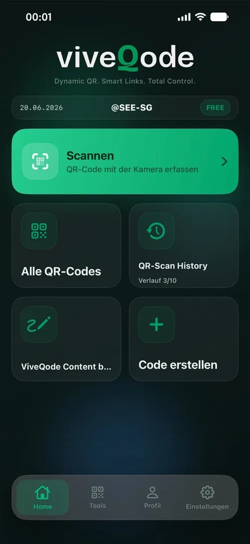 VIVEQODE iOS-App Startbildschirm mit aktivem QR-Code und Live-Scan-Zähler