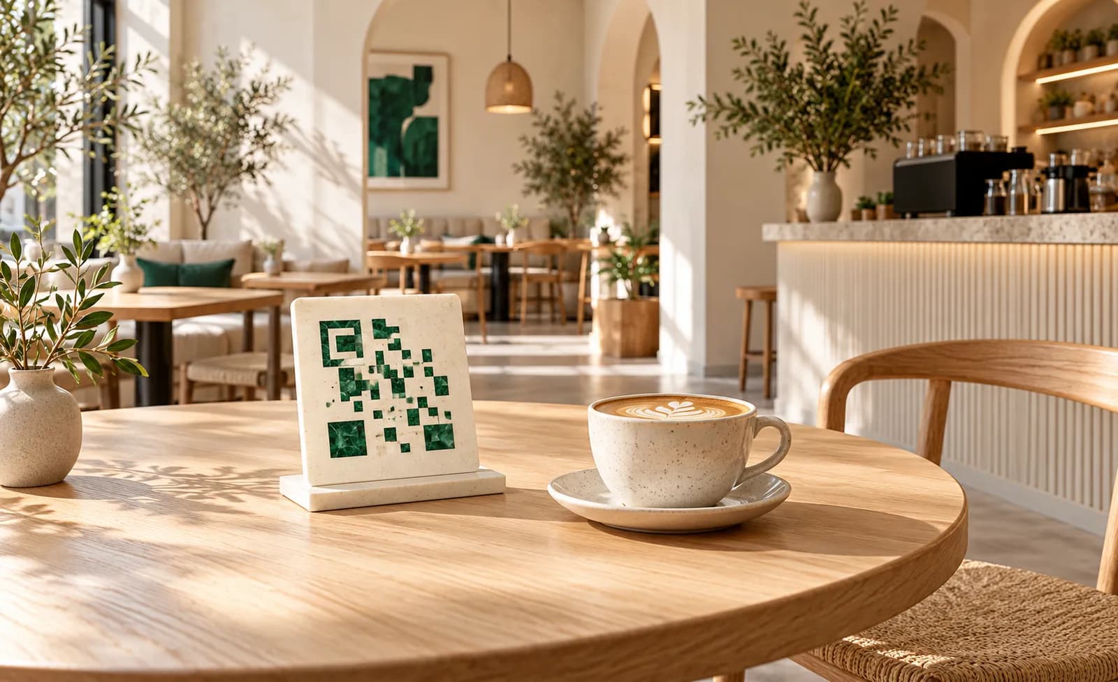 Café mit grünem QR-Muster auf einem Tischaufsteller neben einer Kaffeetasse