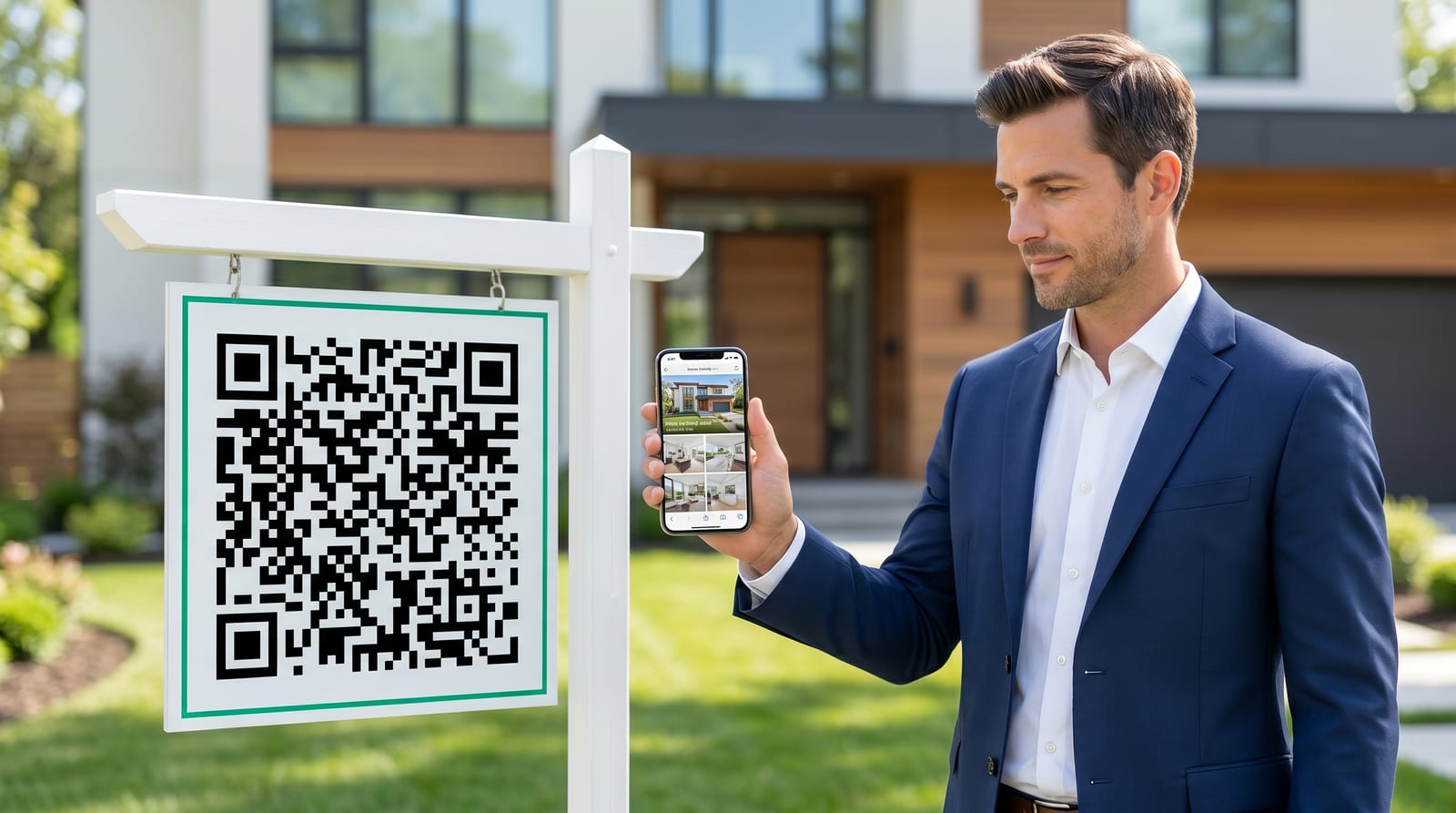 Interessent scannt einen QR-Code am Immobilien-Schild und sieht das Live-Exposé auf dem Smartphone